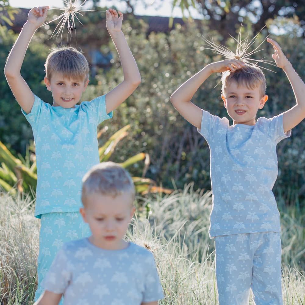 100% Organic Cotton Summer T-Shirt and Long-Leg Pyjama Set - Palms & Pineapples in Island Water Green