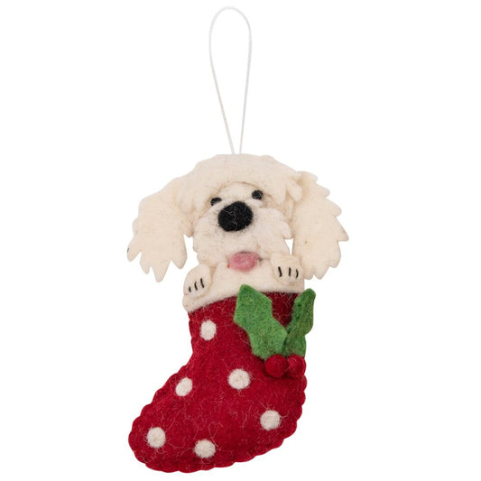 Fairtrade Felt Christmas Decoration - Cavoodle in Stocking (White)