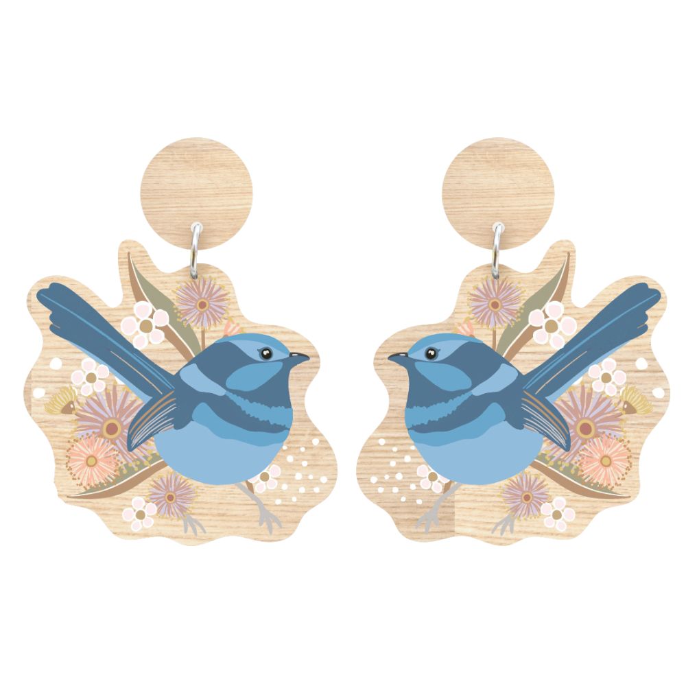 Aero Images Wooden Earrings - Blue Wren