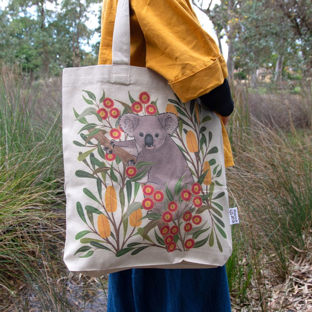 Earth Greetings Organic Cotton Tote Bag with Inner Pocket - Koala Country