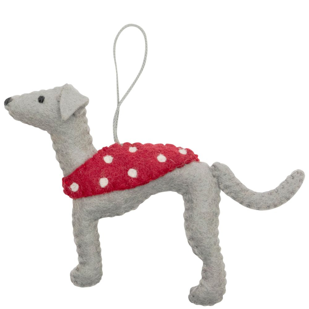 Fairtrade Felt Christmas Decoration - Greyhound with Coat (Grey)