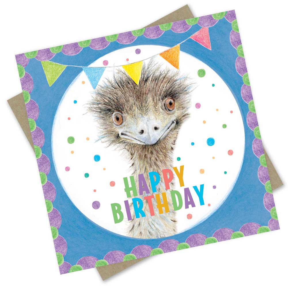 Popcorn Blue Greeting Card Emu Happy Birthday Fun