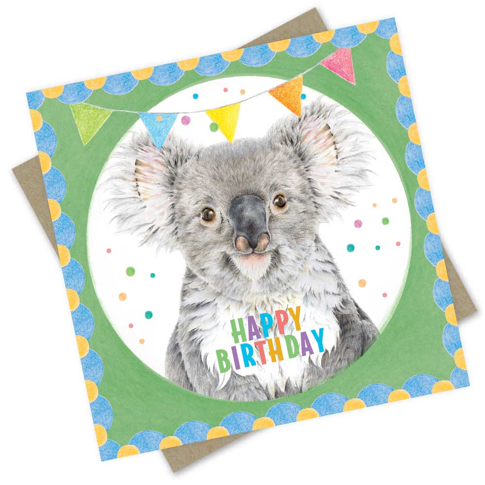 Popcorn Blue Greeting Card Koala Happy Birthday Fun