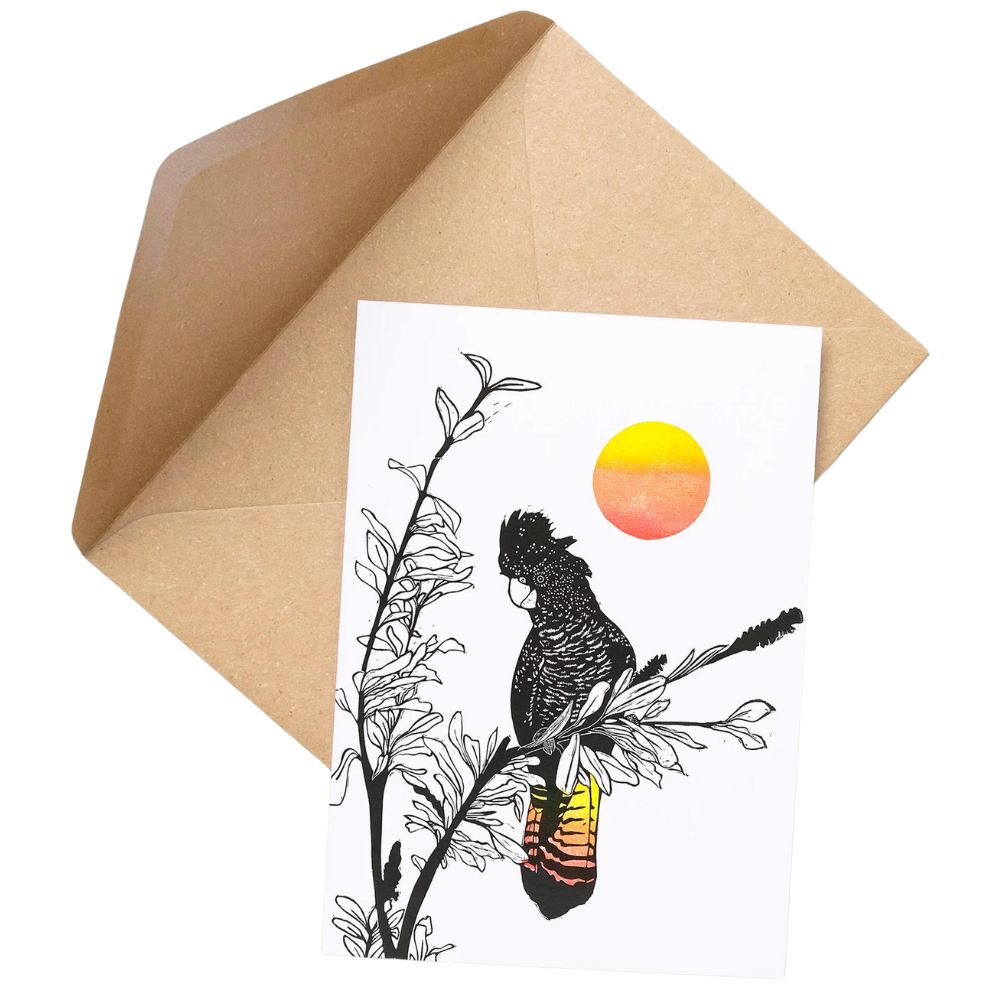 Little Rowan Redhead Greeting Card - Black Cockatoo Red Sun