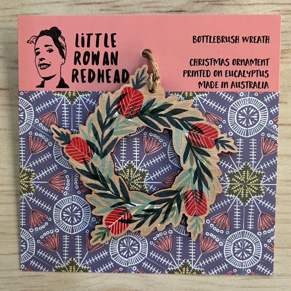 Little Rowan Redhead Wooden Ornament - Bottlebrush Wreath