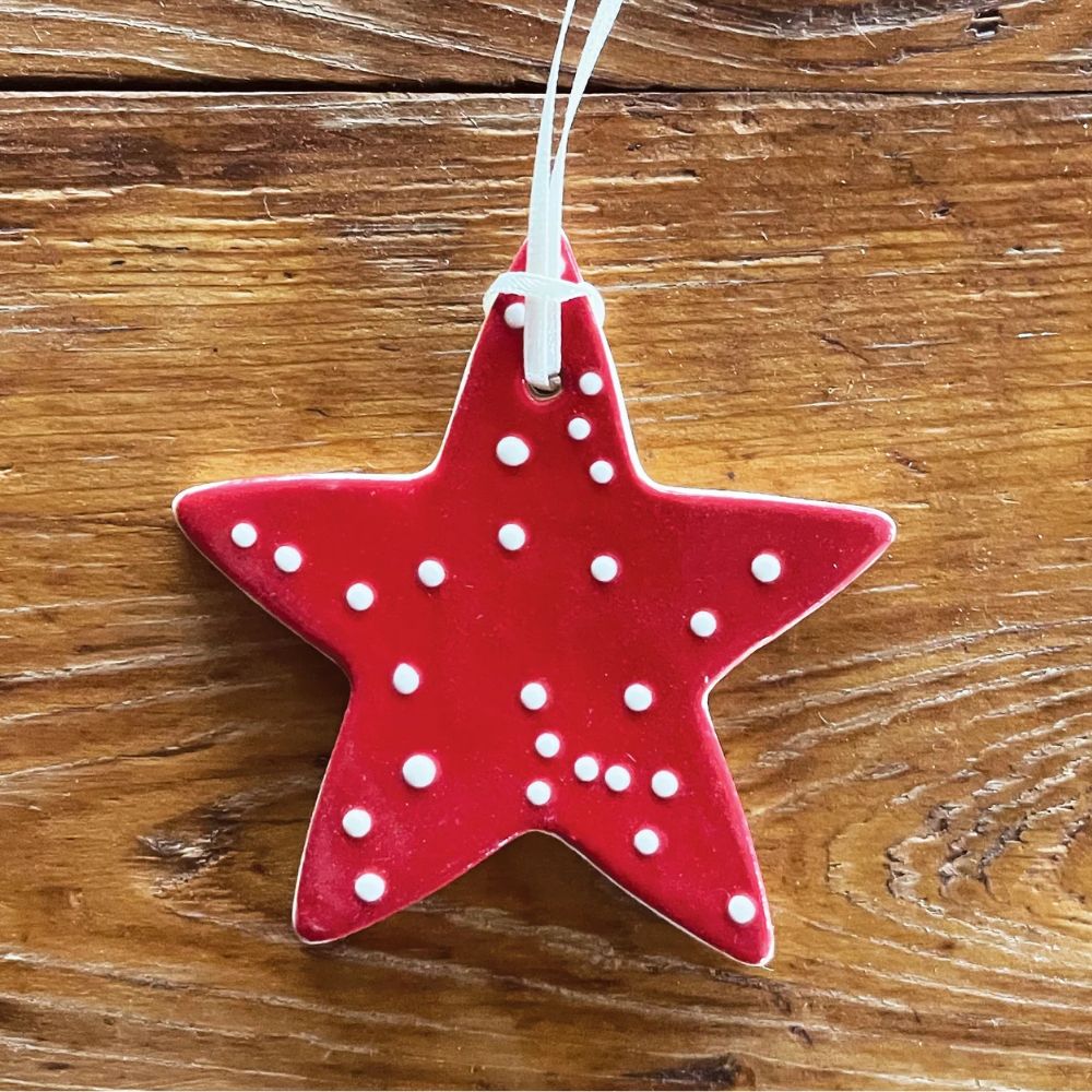 Paper Boat Press Ceramic Christmas Decoration - Spotty Red Star