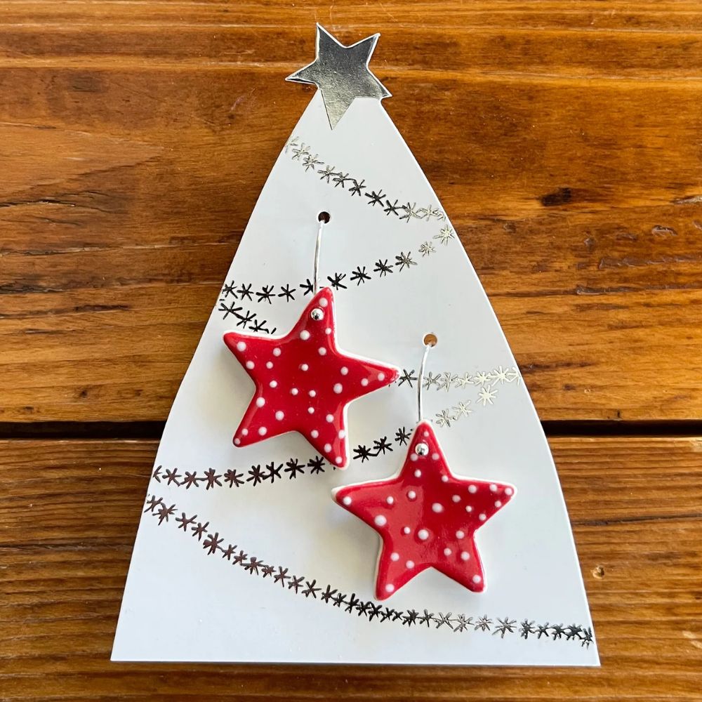 Paper Boat Press Christmas Hanging Earrings - Red Spotty Star