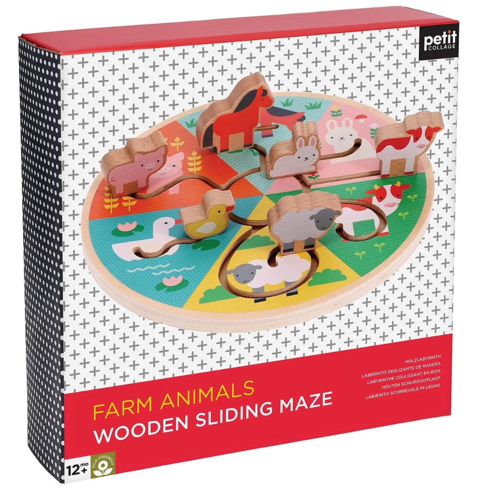 Petit Collage Farm Animals Wooden Sliding Maze Red