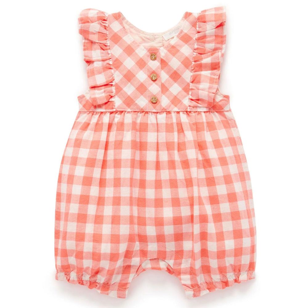 Purebaby Gingham Romper Coral Gingham