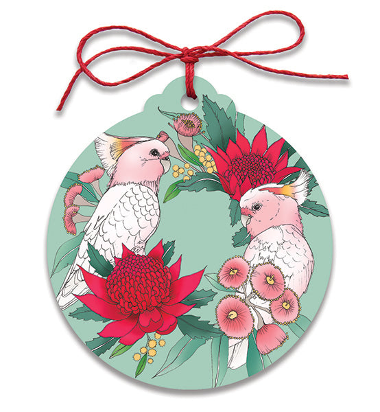 Earth Greetings Christmas Gift Tags - Pink Cockatoo Wreath 8pk