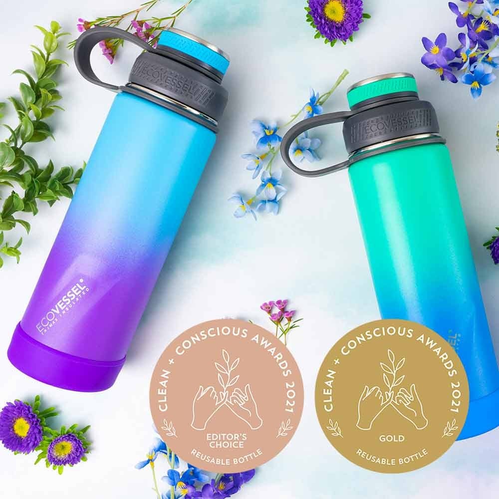 EcoVessel Stainless Steel Water Bottle with Insulated Dual Lid, Insulated  Water Bottle with Strainer and Silicone Bottle Bumper, Coffee Mug (Mountain