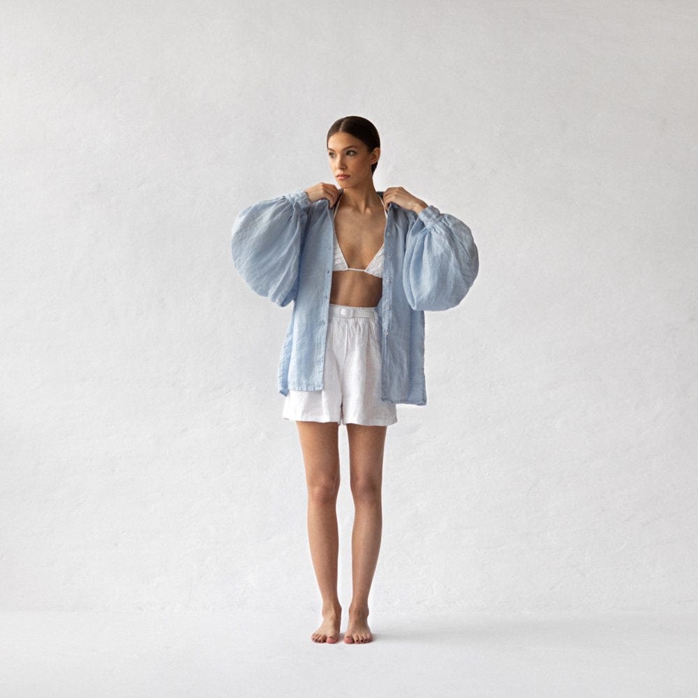 Seaside Tones Linen Boho Shirt - Light Blue