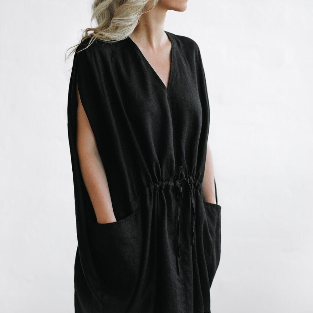 Seaside Tones Drawstring Waist Dress - Black