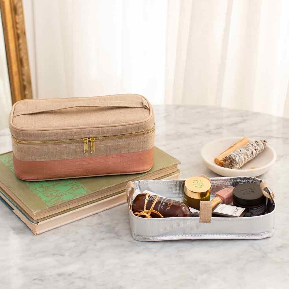 SoYoung Raw Linen Makeup Bag Beauty Poche - Rose Gold Colour Block